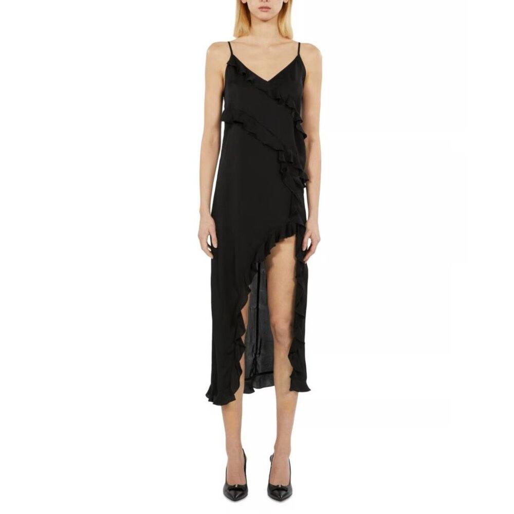NWT The Kooples Black Long Ruffle Slip Dress Asymmetrical Hem Size US 8